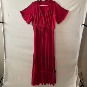 R. Vivimos Womens Red Flutter Sleeve V-Neck Summer Flowy Maxi Dress Size XL